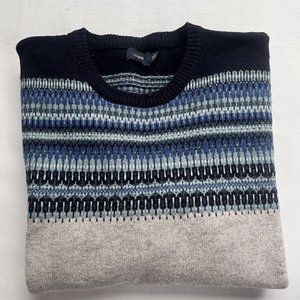 J Crew Gray 100% Lambs Wool Fair Isle Pullover Sweater Size M Gray Navy